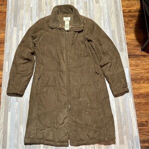 LL Bean Womens Faux Suede Quilted Goose Down Parka Coat Sz M Brown Sherpa Collar